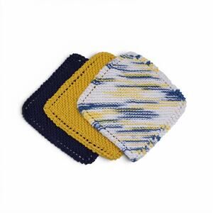 (3) Handmade Knitted Dishcloths Washcloths 100% Cotton Gold Navy Ombre